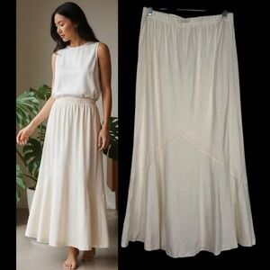 Vtg IONA White Maxi Skirt Silk Large Elastic Waist Quiet Luxury Lagenlook Boho
